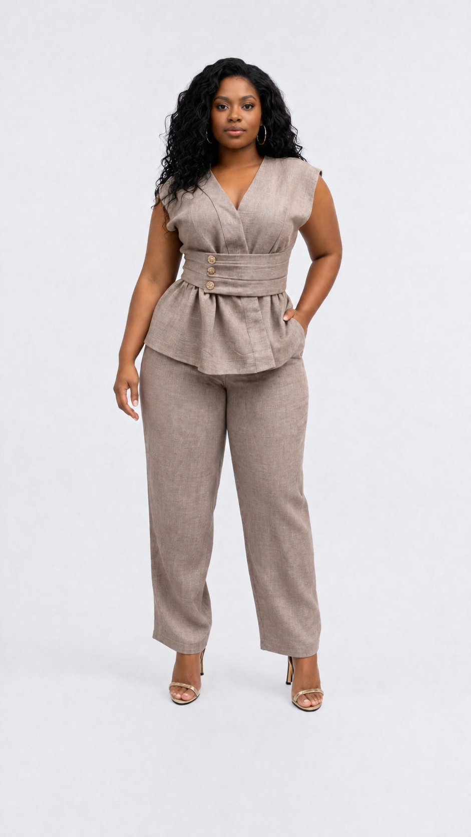 Elegant Office 2 Piece Outfit Plus Size Sleeveless Top & Straight Pants Suit