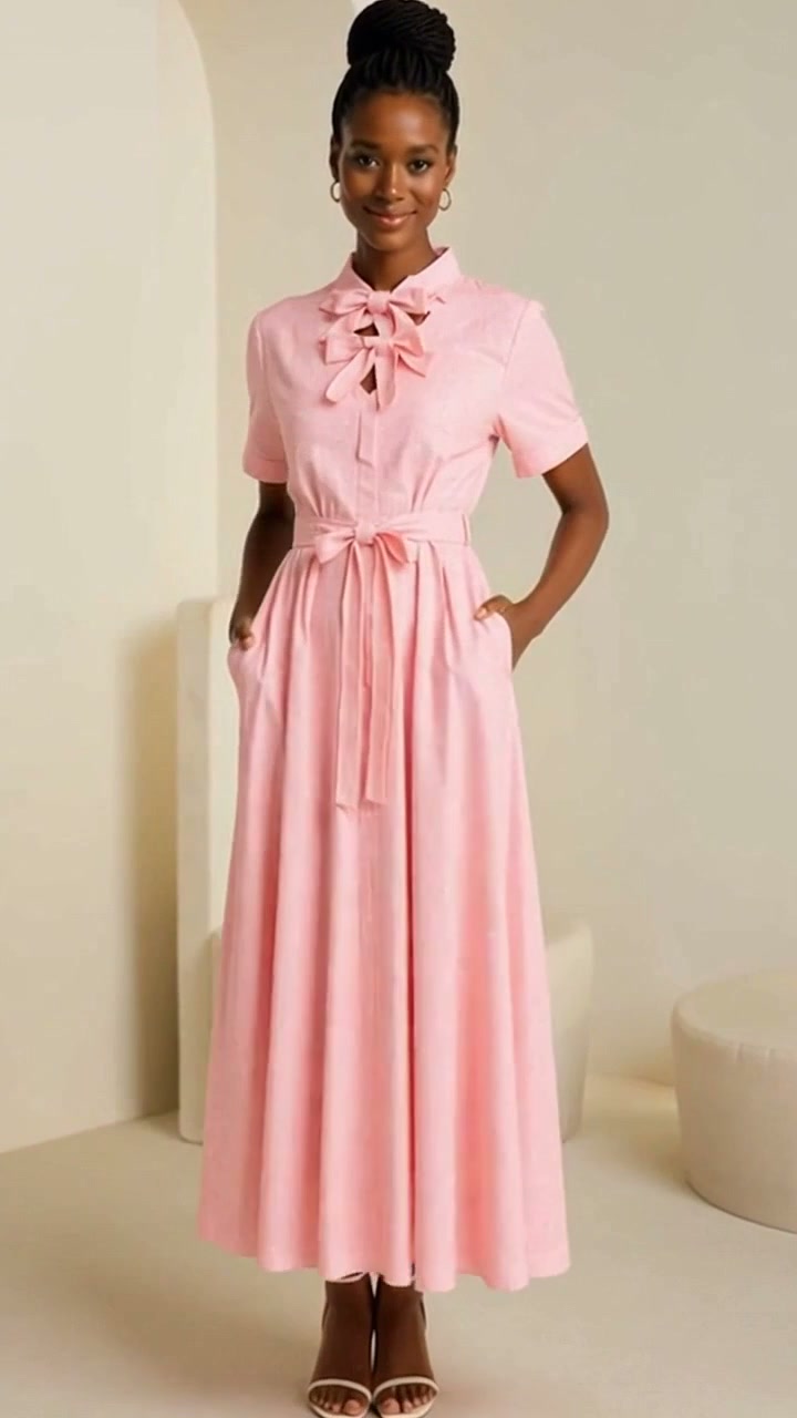 Pink Bow Tie Neck Short Sleeve Maxi Dress