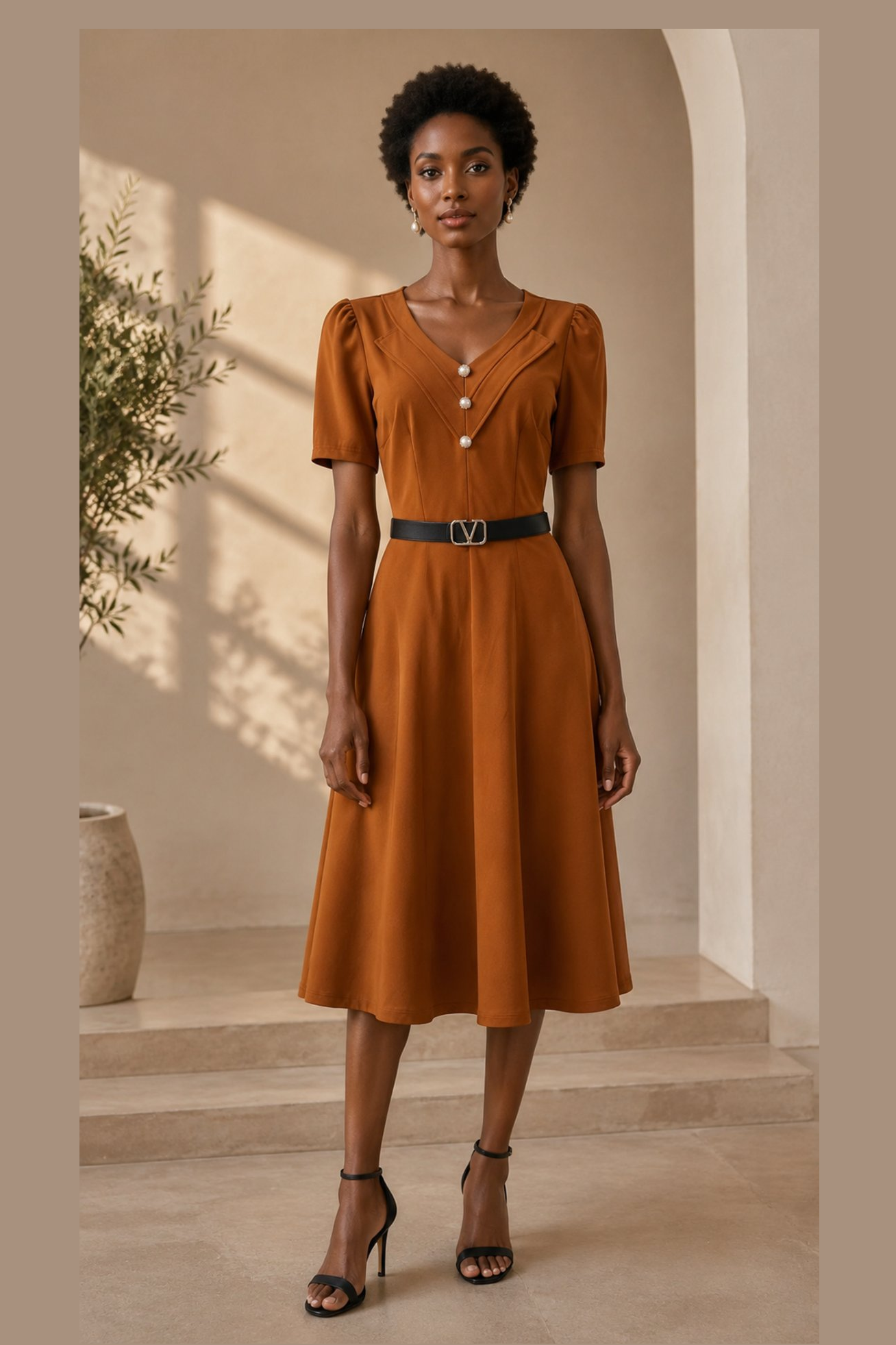 Caramel Pearl-Button Midi Dress