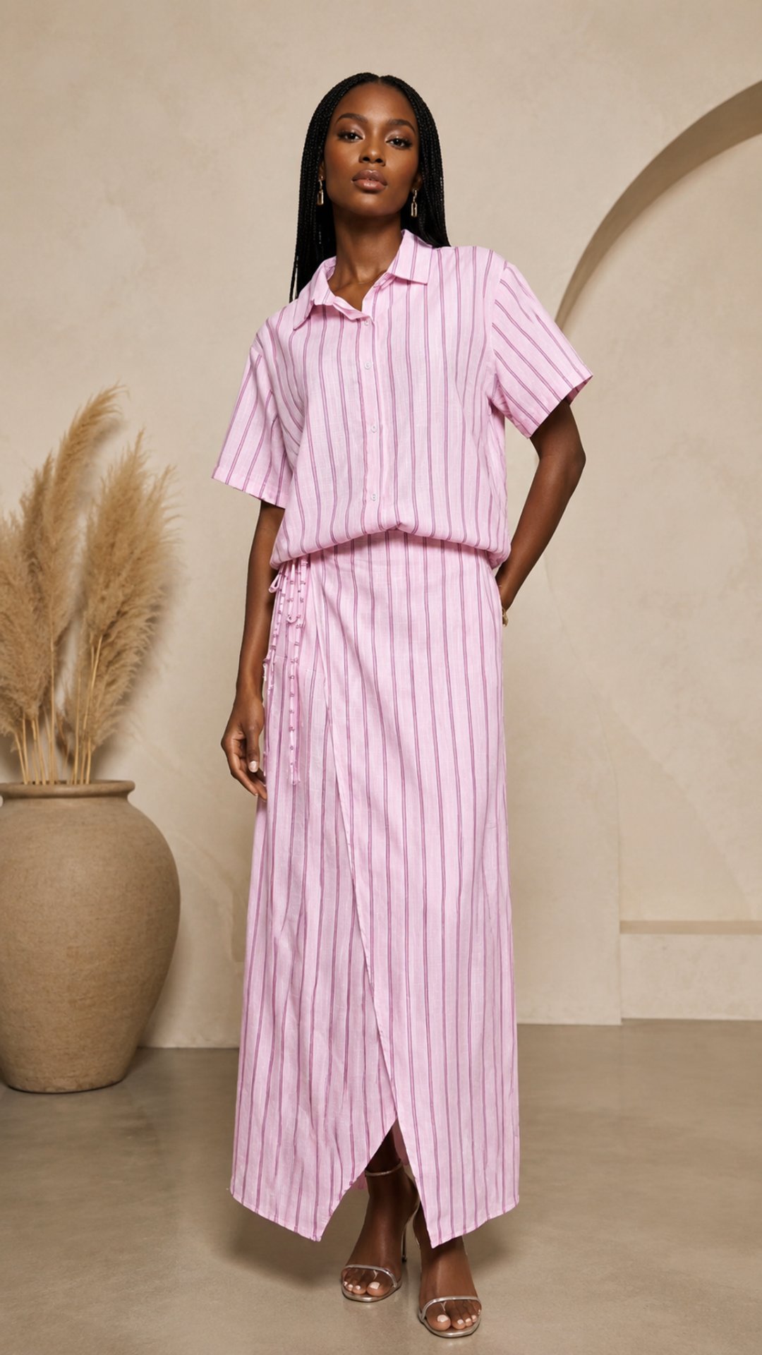 Pink Striped Shirt & Maxi Skirt Co-ord Set - Pink Stripe