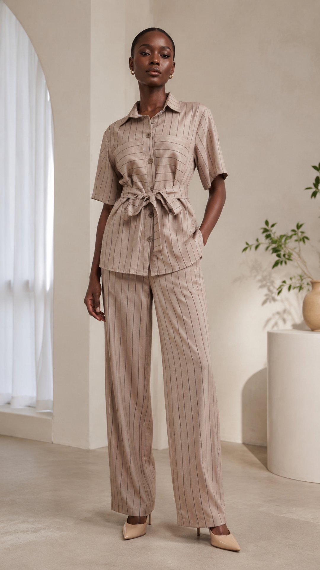 Beige Pinstripe Tie-Waist Shirt & Pants Set