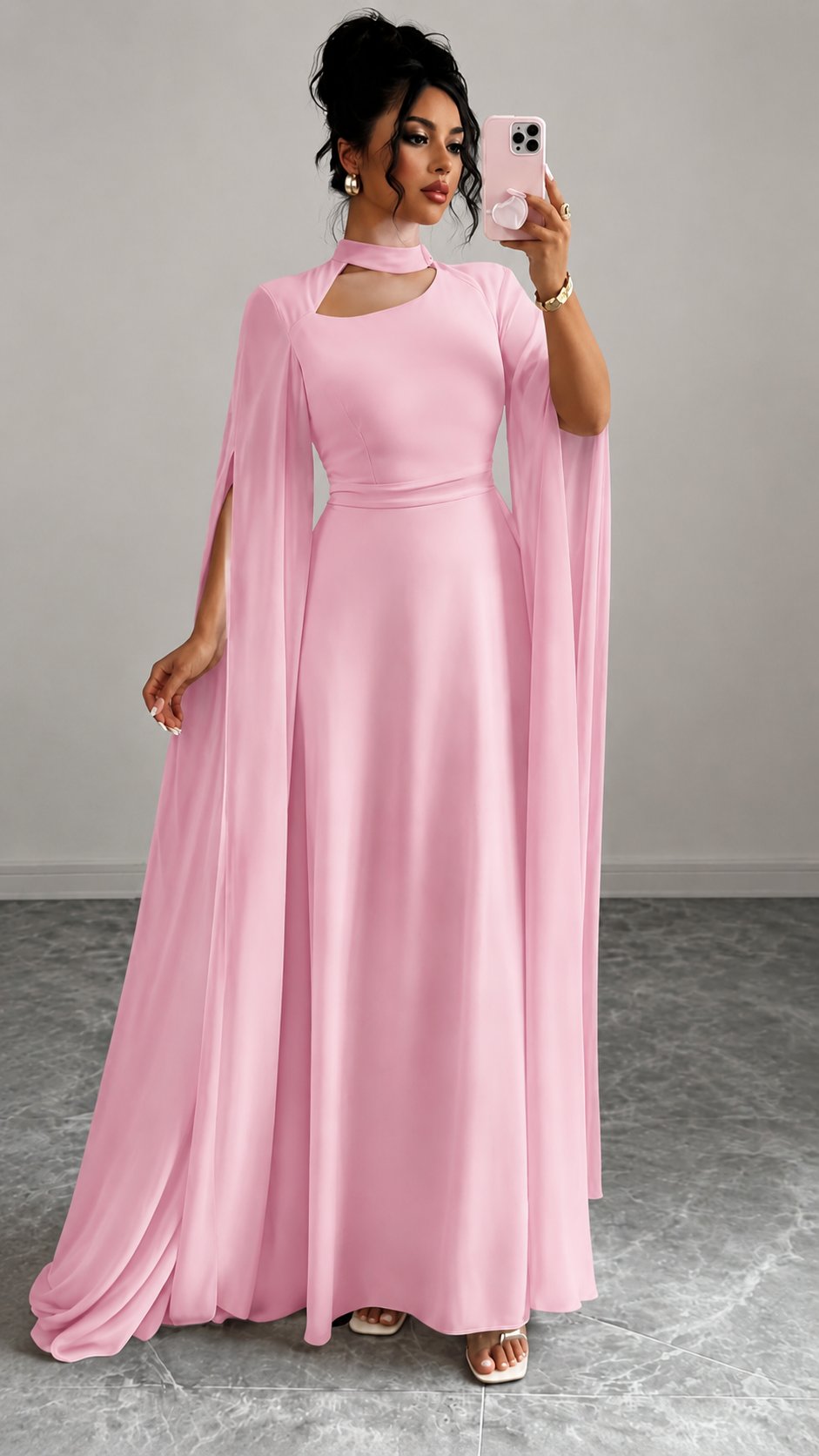 High Neck Cutout Cape Sleeve Maxi Dress - Pink