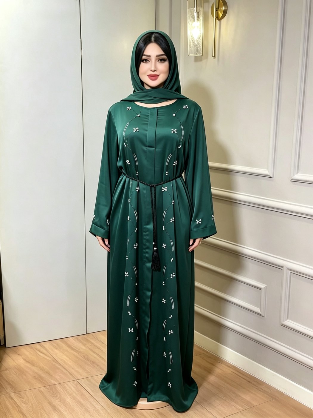 Emerald Satin Pearl-Embroidered Abaya