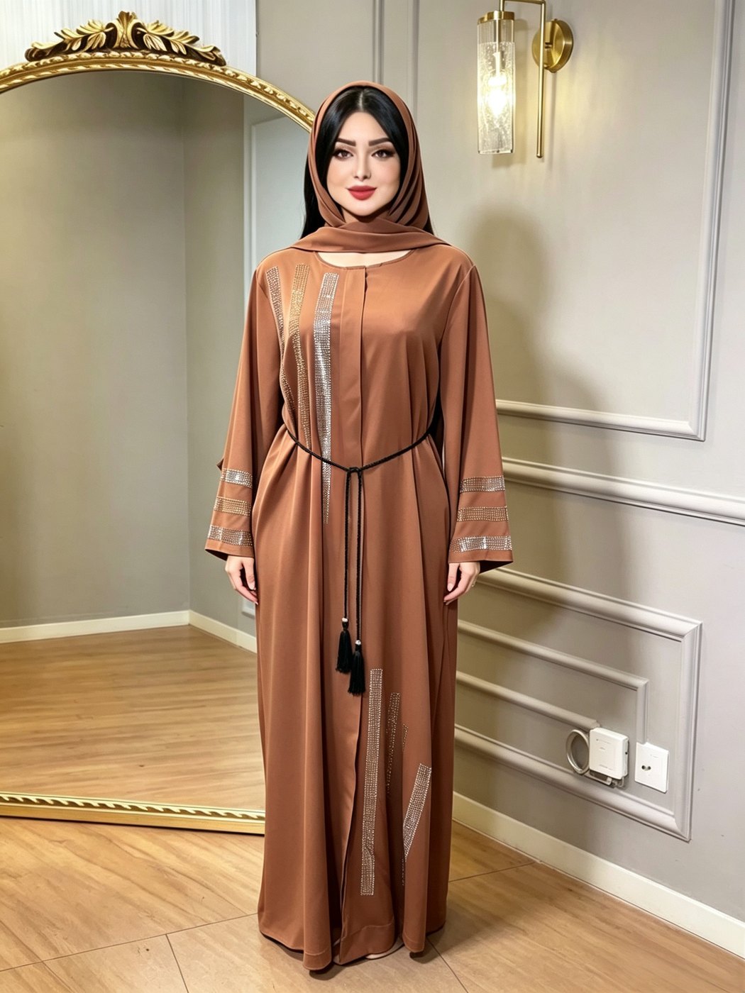 Caramel Satin Metallic-Stripe Abaya