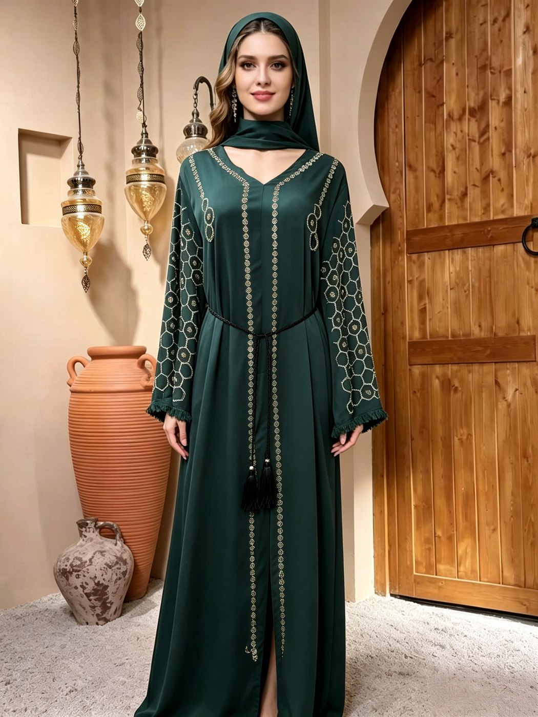 Emerald Beaded Honeycomb-Sleeve Abaya - Deep Emerald