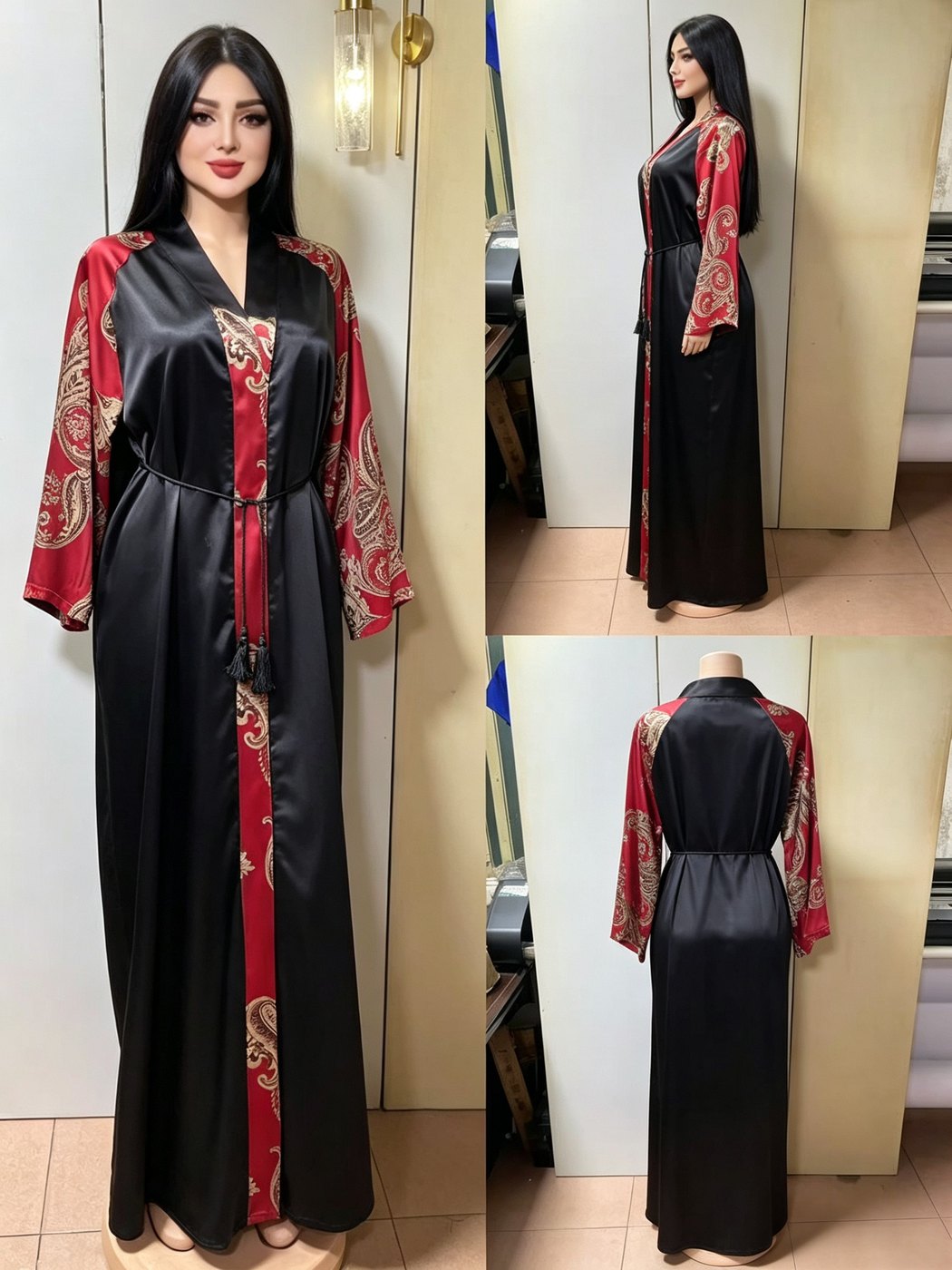 Black Satin Red-Paisley Panel Abaya