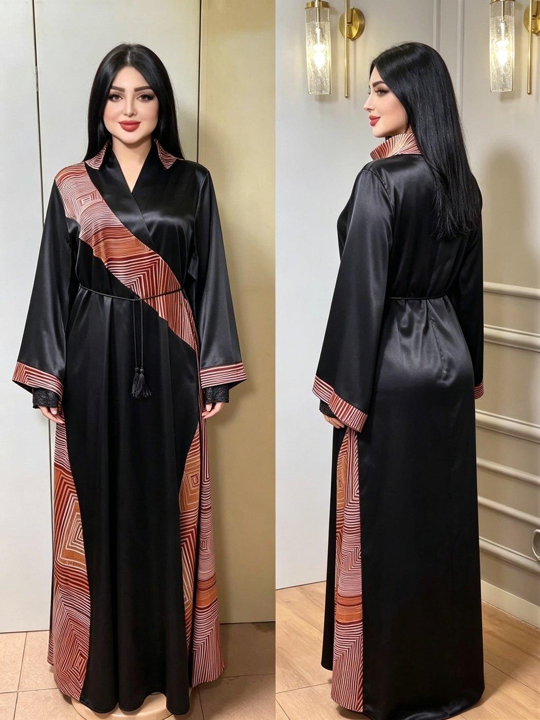 Black Satin Geo-Print Panel Abaya