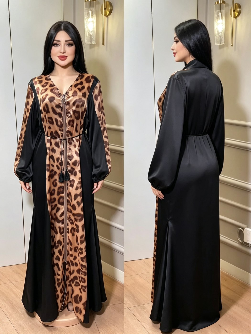 Black Satin Leopard-Panel Zip Abaya - Black / Leopard