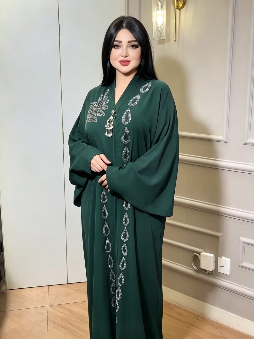 Emerald Crystal Leaf-Embroidered Abaya - Deep Emerald