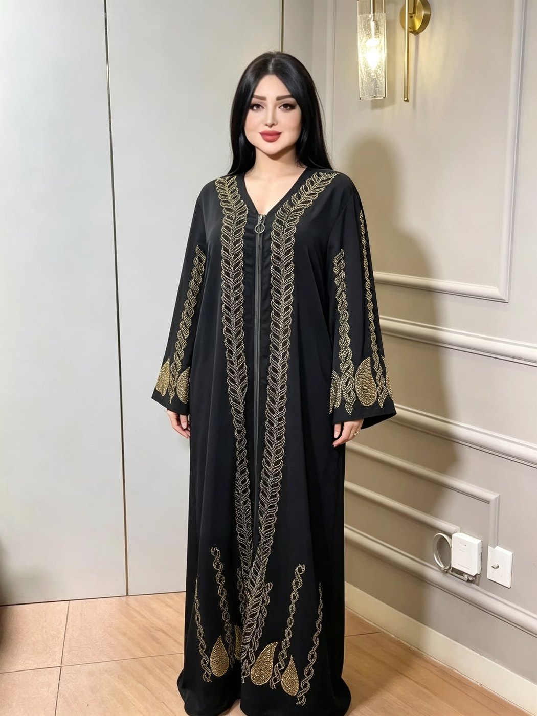 Black Gold Leaf-Border Abaya - Classic Black