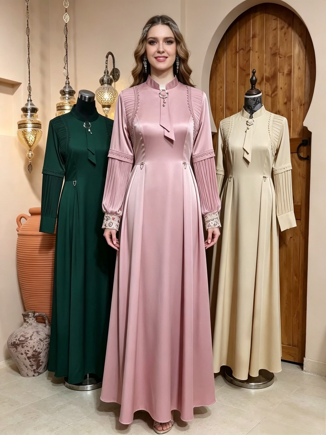 Pleated-Sleeve Ornament-Collar Maxi Dress - Dusty Pink
