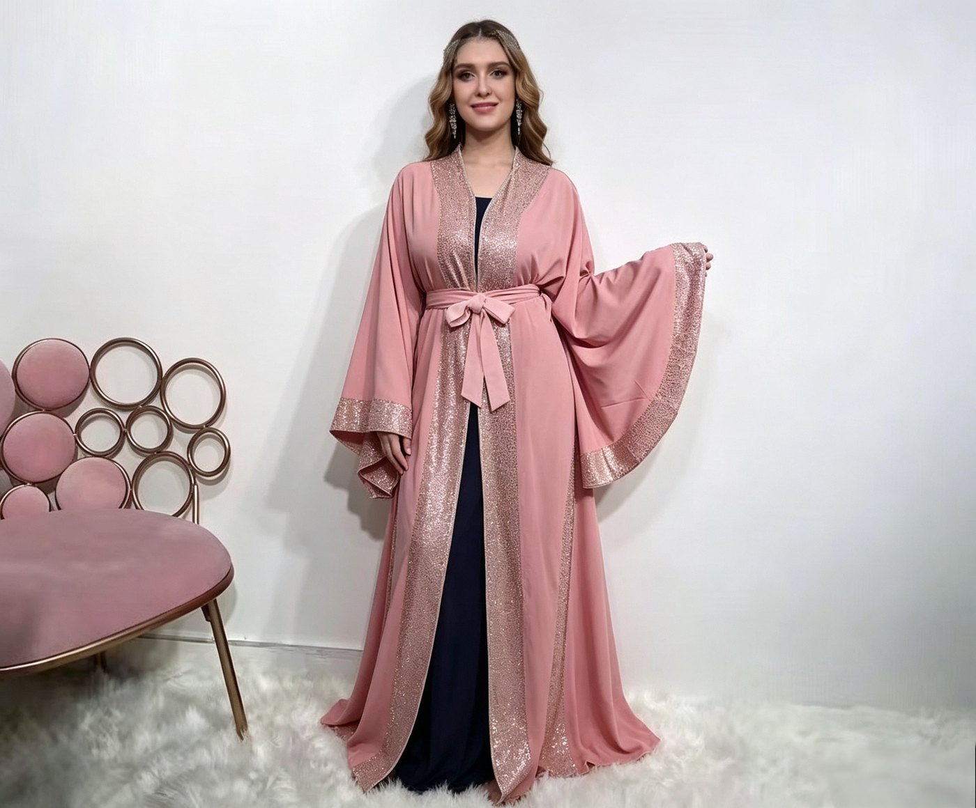 Blush Pink Sequin-Trim Open Abaya