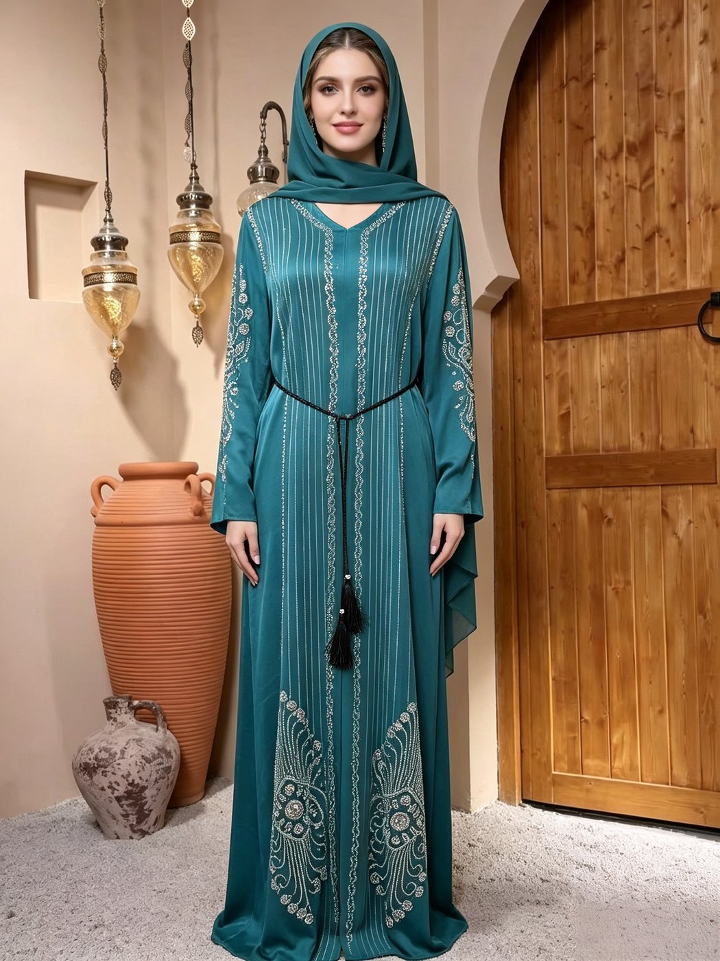 Teal Embroidered Stripe Abaya