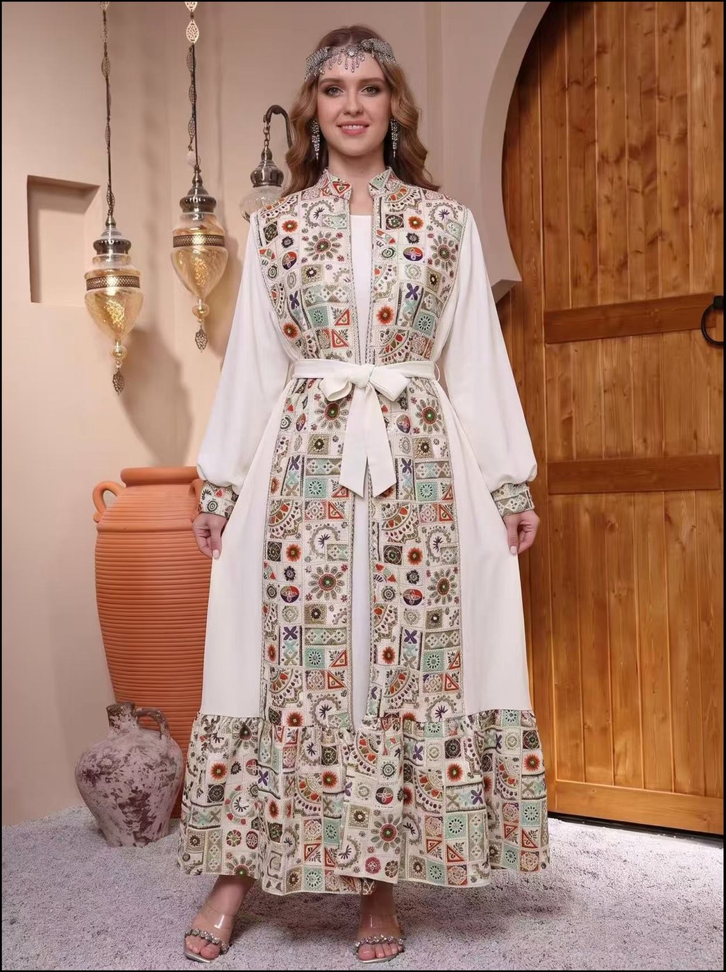 Ivory Boho Folk-Print Kaftan - Ivory Multi