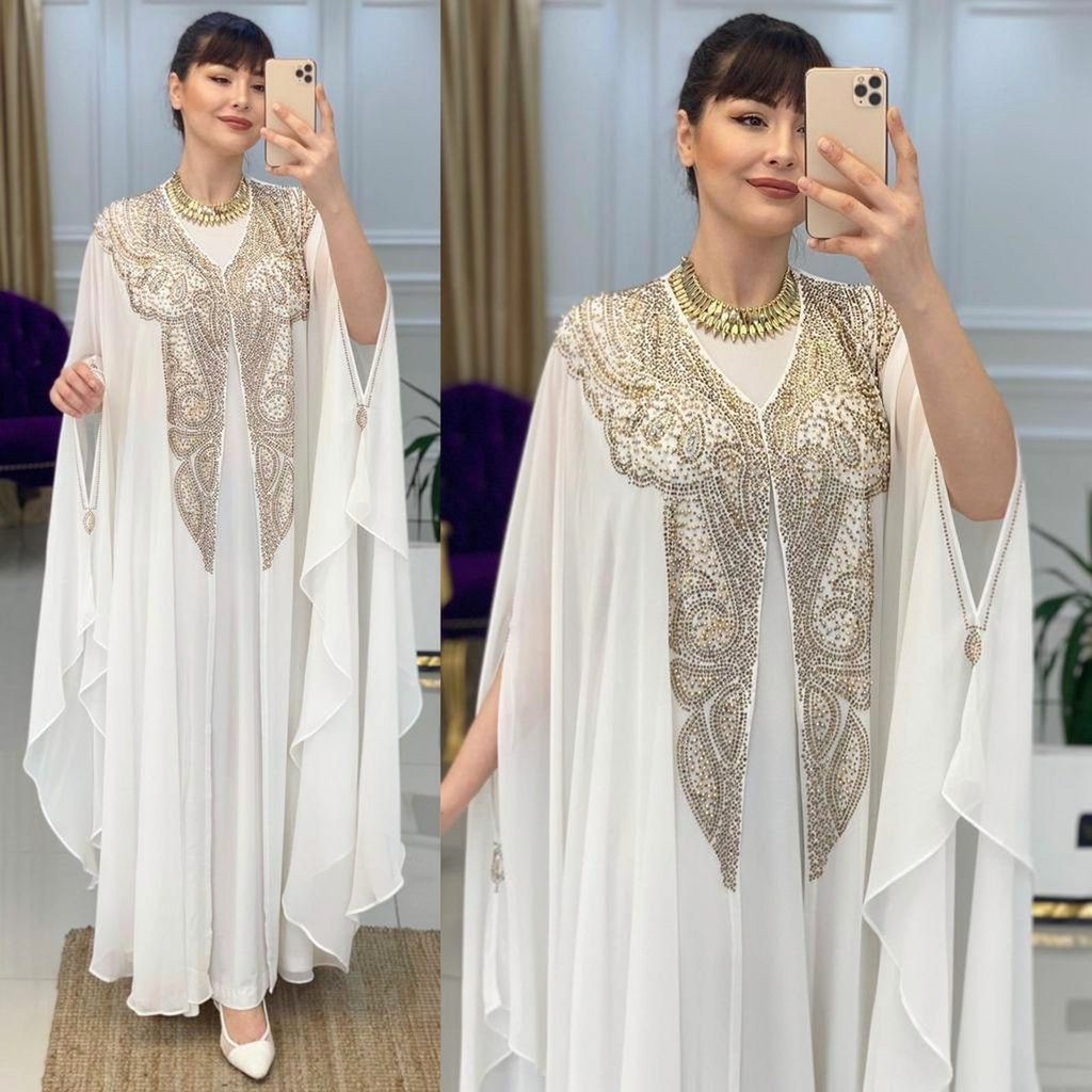 White Chiffon Gold-Beaded Butterfly Kaftan - Optic White