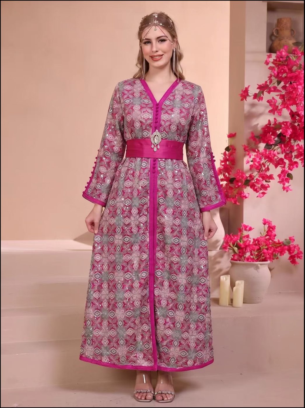 Magenta Moroccan Diamond-Print Kaftan