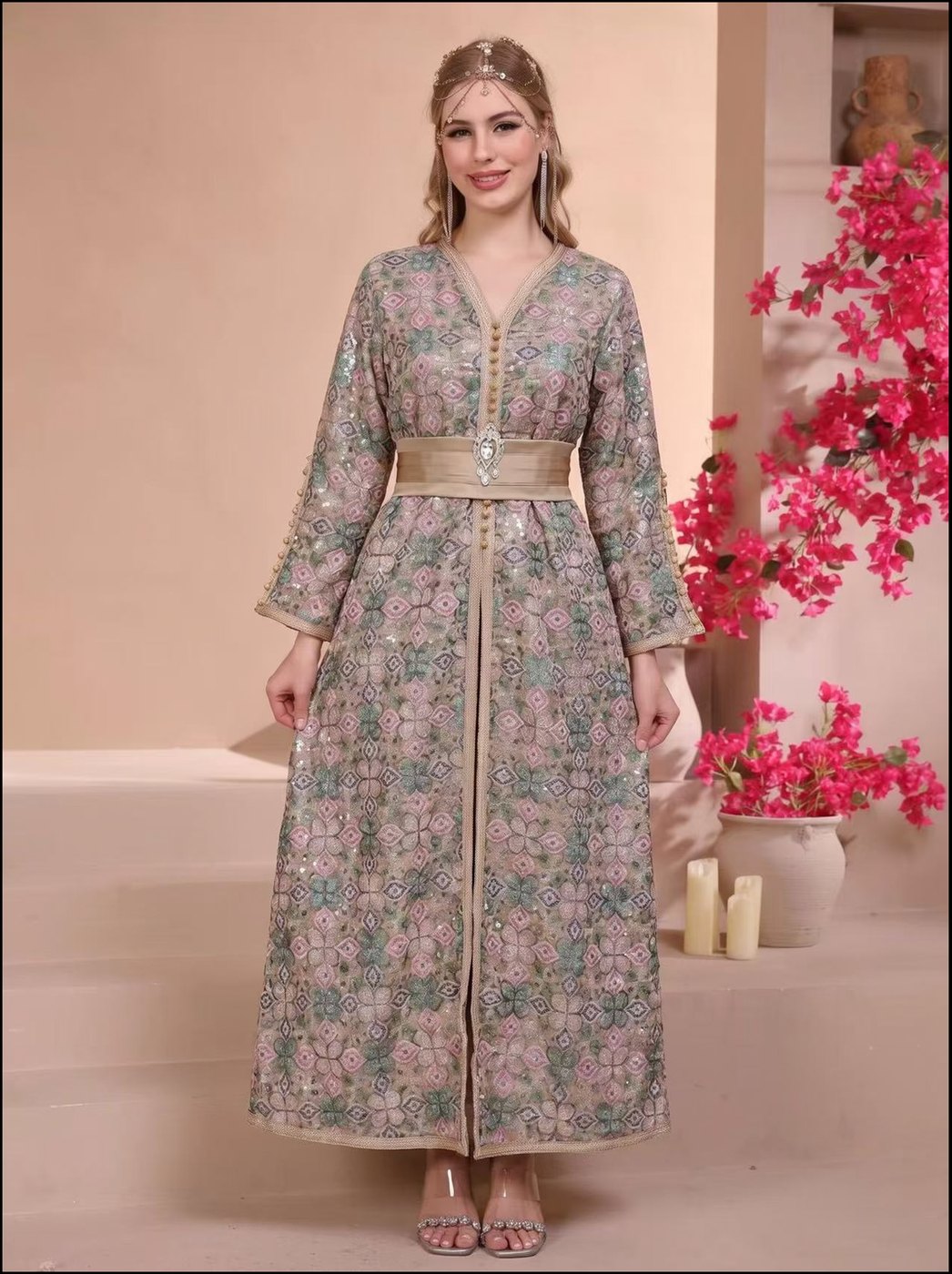 Sage Sequin Moroccan Kaftan