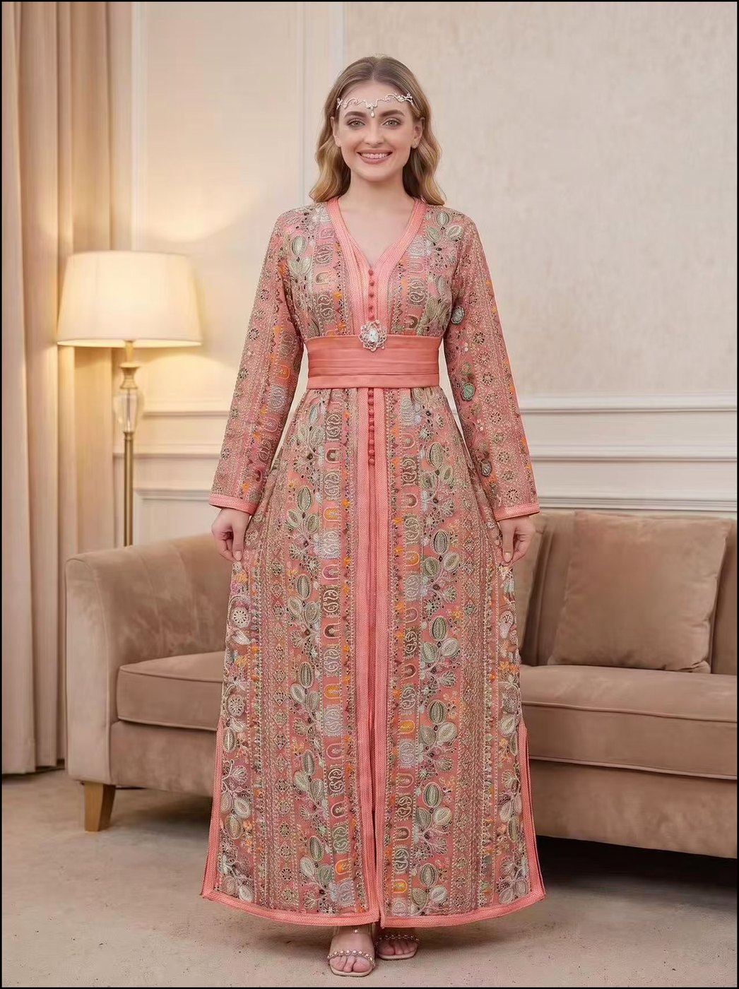 Coral Boho-Print Moroccan Kaftan - Coral Peach