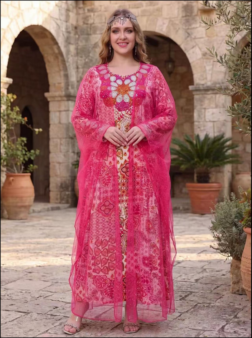 Fuchsia Sequin-Lace Beaded Kaftan - Fuchsia Pink