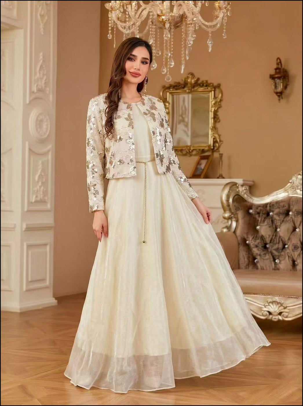 Ivory Embellished Bolero & Chiffon Gown Set