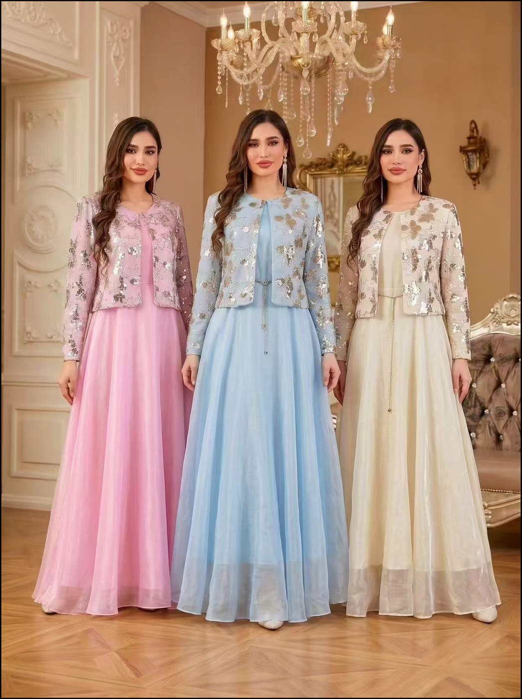Embellished Bolero & Chiffon Gown Set — 3 Colours - Pink / Blue / Ivory